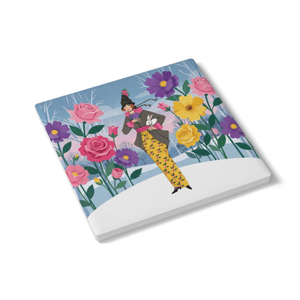 🐇🌸 The Lady With The White Rabbit Ceramic Coaster – Art Deco Floral Whimsy