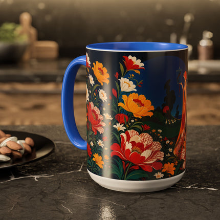 🌺🐦 The Enchanted Birdcage Garden Colorful Mug – Art Deco Floral Fantasy