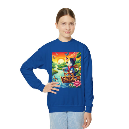 Sailor Kitten’s River Adventure Youth Crewneck Sweatshirt – Exploration, Joy & Storybook Adventure