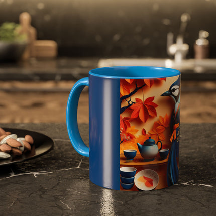 Blue Jay at an Autumn Tea Ceremony Colorful Mugs (11oz, 15oz)