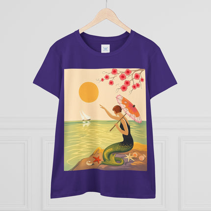 🧜‍♀️🌸 The Mermaid Beneath The Blossoms Cotton Tee – Art Deco Seaside Fantasy