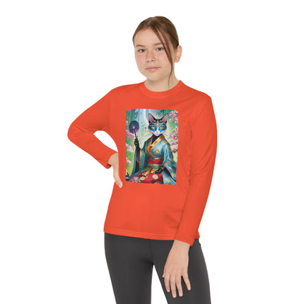 Cyberpunk Geisha Youth Long Sleeve Competitor Tee – Neon Elegance & Futuristic Fantasy
