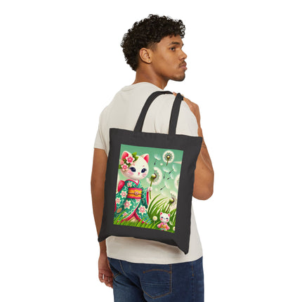 Geisha Kitten and the Dandelion Wish Cotton Canvas Tote Bag – Gentle Wishes & Quiet Wonder