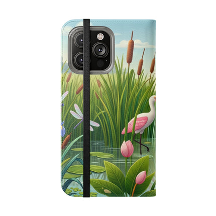 🦩🌸 Geisha Kitten Strolls Among the Spoonbills Flip Case – Serene Grace & Marshland Wonder