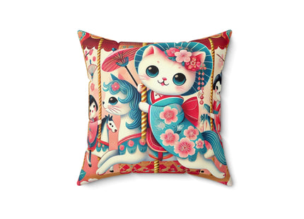 Geisha Kitten's Enchanted Carousel Ride Spun Polyester Square Pillow
