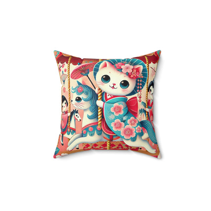 Geisha Kitten's Enchanted Carousel Ride Spun Polyester Square Pillow