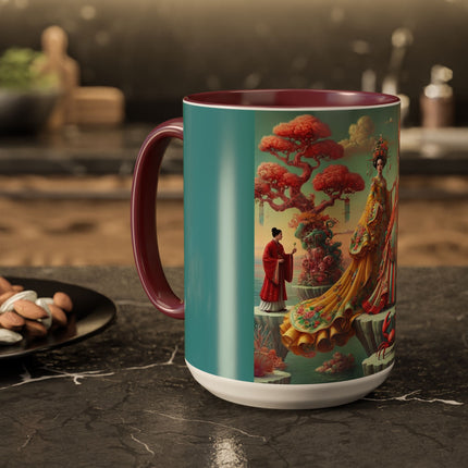 Cherry Blossom Courtesans & Crimson Crab Colorful Mug – Imperial Elegance & Playful Charm