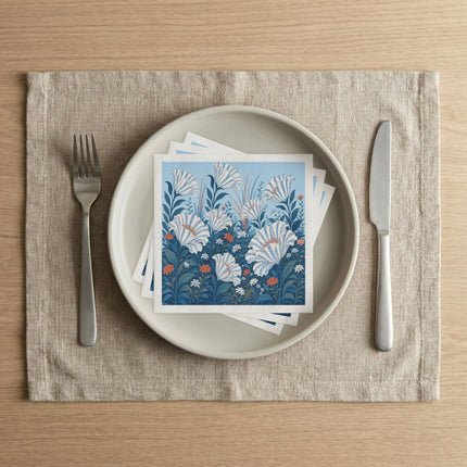 🤍💙 The Ivory Trumpet Blossom Garden Napkins – Elegant Botanical Floral Art