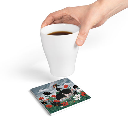 🌧️🌺 The Stormy Flower Walk Ceramic Coaster – Art Deco Floral Fashion