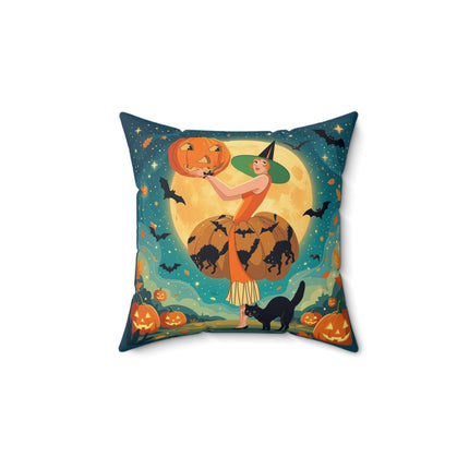 🦇🎃 The Witch Of Batwing Pumpkin Hollow Square Pillow – Moonlit Halloween Char