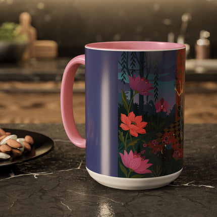 The Lady And The Midnight Birdcage Colorful Mugs – Art Deco Botanical Elegance