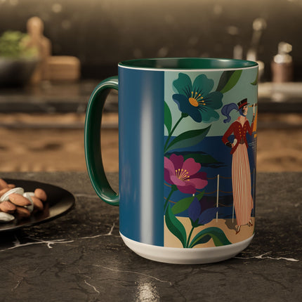 The Lady Of The Golden Horizon Colorful Mugs – Art Deco Coastal Elegance