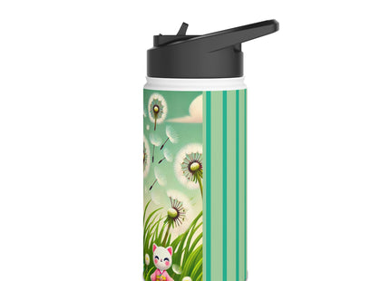 Geisha Kitten and the Dandelion Wish Stainless Steel Water Bottle, Standard Lid