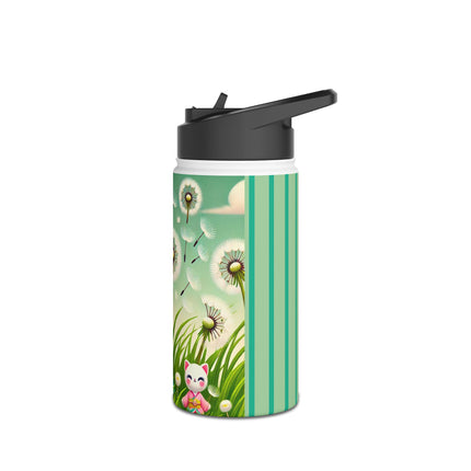 Geisha Kitten and the Dandelion Wish Stainless Steel Water Bottle, Standard Lid