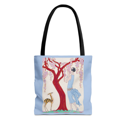 Woman, Fawn, and Red Tree by George Barbier Tote Bag (AOP)