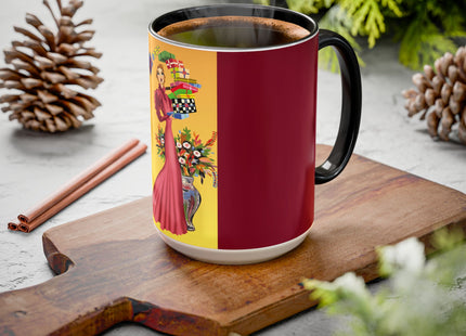 Elegant Holiday Woman with Gifts Colorful Mugs (11oz, 15oz)