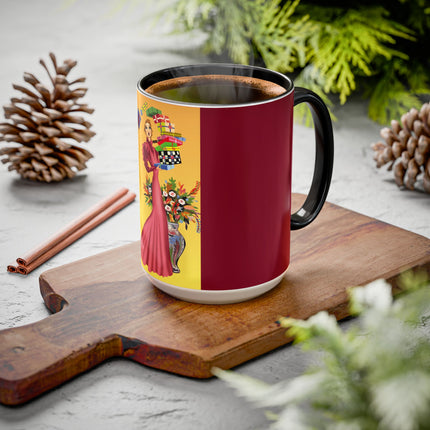 Elegant Holiday Woman with Gifts Colorful Mugs (11oz, 15oz)
