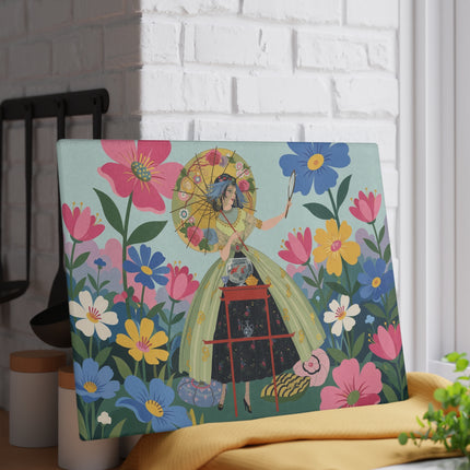 🌸🪞 The Lady Of The Flower Parasol Glass Cutting Board – Art Deco Garden Fantasy