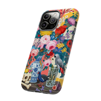 Floral Vanitas Phone Case – Parrot & Porcelain Splendor