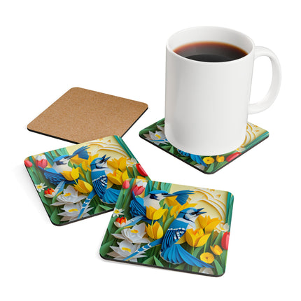 Blue Jays in a Spring Garden Corkwood Coaster Set