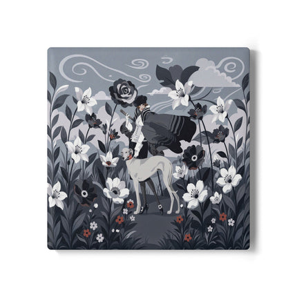 🖤🌸 The Greyhound Floral Promenade Ceramic Coaster – Art Deco Monochrome Fashion