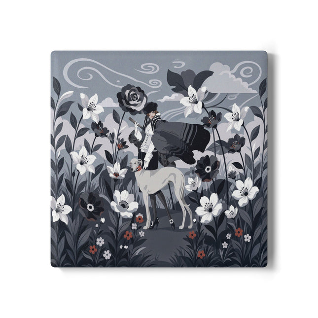 🖤🌸 The Greyhound Floral Promenade Ceramic Coaster – Art Deco Monochrome Fashion