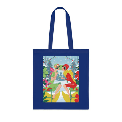 🎄☕ Christmas Tea In The Snow Garden Cotton Tote Bag – Art Deco Holiday Friendship