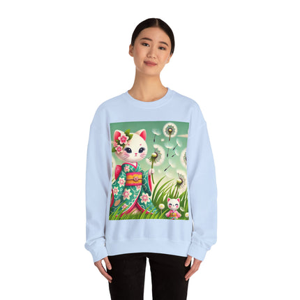 Geisha Kitten and the Dandelion Wish Heavy Blend™ Crewneck Sweatshirt