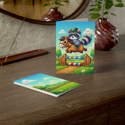 🦝🐴 The Little Raccoon Horse Jumper Greeting Card – Whimsical Animal Adventure