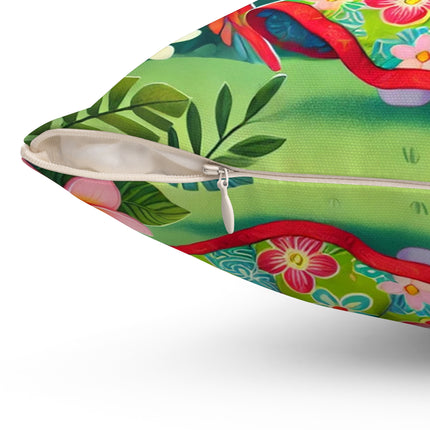 Parrot Dance of the Geisha Kitten Spun Polyester Square Pillow