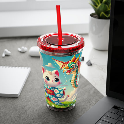 Geisha Kitten and the Dragon Kite Sunsplash Tumbler with Straw, 16oz