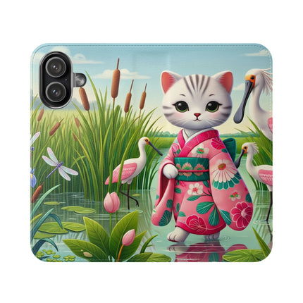 🦩🌸 Geisha Kitten Strolls Among the Spoonbills Flip Case – Serene Grace & Marshland Wonder