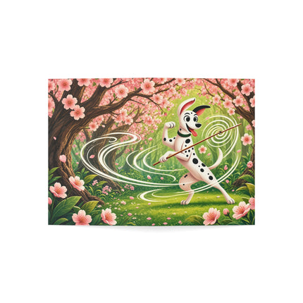 🌸🐕 The Cherry Blossom Staff Dancer Greeting Card – Whimsical Garden Adventure