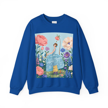 🌸🩵 The Blue Ruffle Garden Crewneck Sweatshirt – Art Deco Floral Whimsy
