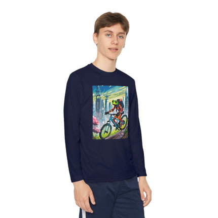 Cyberpunk Frog Youth Long Sleeve Competitor Tee – Neon Trails & Futuristic Adventure