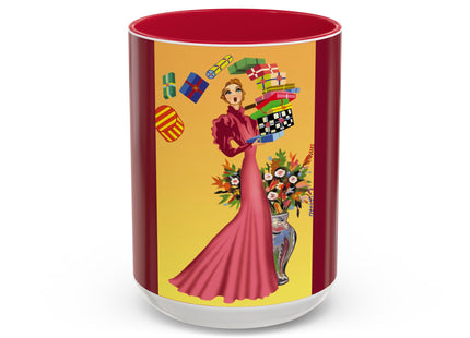 Elegant Holiday Woman with Gifts Colorful Mugs (11oz, 15oz)