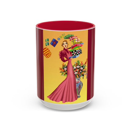 Elegant Holiday Woman with Gifts Colorful Mugs (11oz, 15oz)