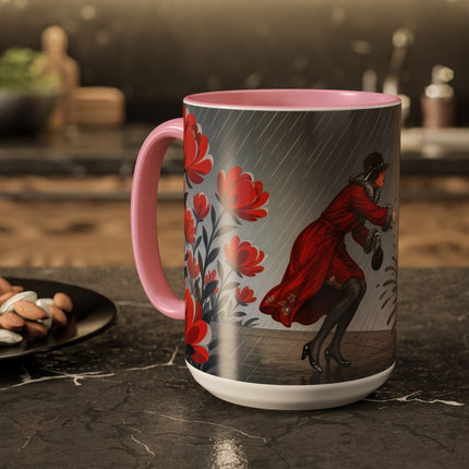 ☔🌹 The Scarlet Rainstorm Promenade Colorful Mug – Art Deco Motoring Elegance