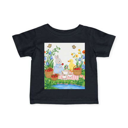 🐰🦆 The Little Strawberry Picnic Friends Infant Fine Jersey Tee – Whimsical Woodland Charm