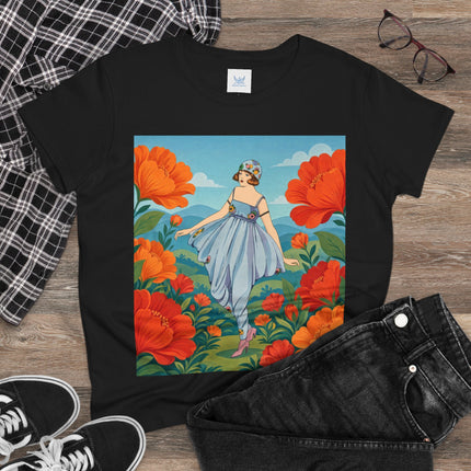 🌺🩵 The Poppy Hill Promenade Cotton Tee – Art Deco Fashion Whimsy