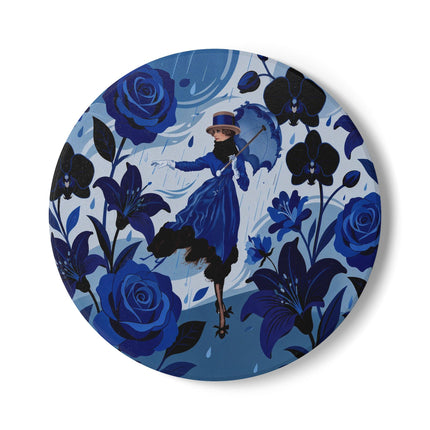 ☔💙 The Blue Rain Promenade Ceramic Coaster – Art Deco Floral Fashion