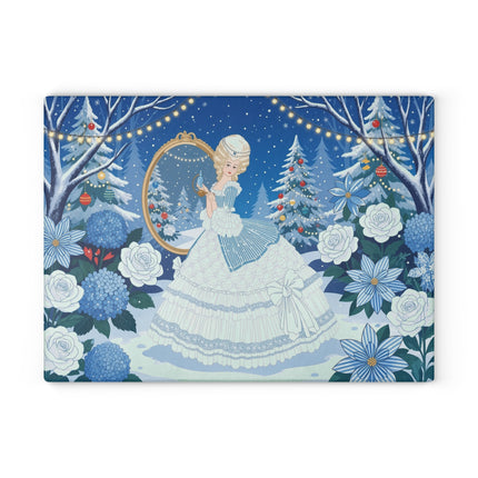 ❄️🌹 The Lady Of The Winter Rose Garden Glass Cutting Board – Art Deco Holiday Elegance