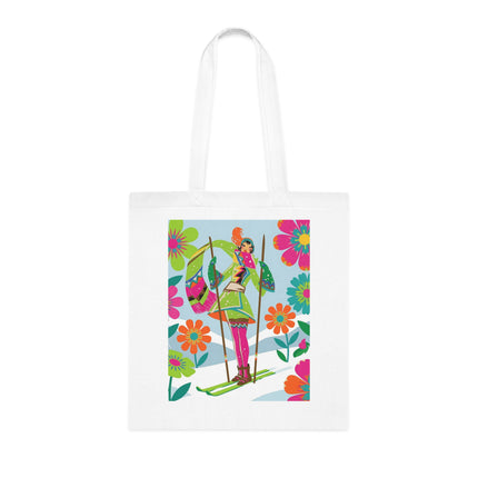 🎿🌸 The Winter Flower Adventurer Cotton Tote Bag – Colorful Skiing Fantasy