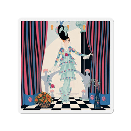 🌹🎭 The Lady Between The Curtains Die-Cut Magnets – Art Deco Floral Theatre