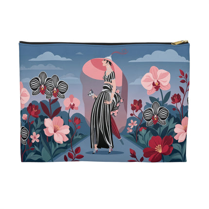 🌸🖤 The Striped Orchid Promenade Accessory Pouch – Art Deco Floral Fashion