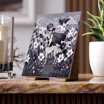 🖤🌸 The Greyhound Floral Promenade Ceramic Tile – Art Deco Monochrome Fashion