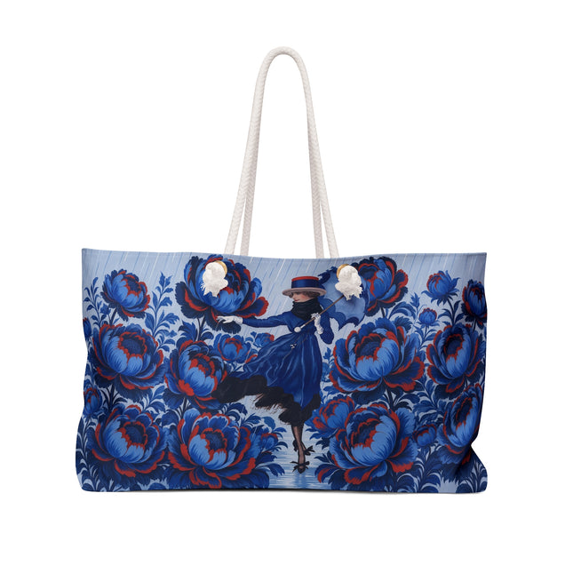 ☔💙 The Sapphire Rainfall Garden Weekender Bag – Art Deco Floral Elegance