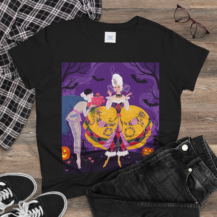 🎭🌹 The Harlequin Rose Masquerade Cotton Tee – Theatrical Halloween Romance