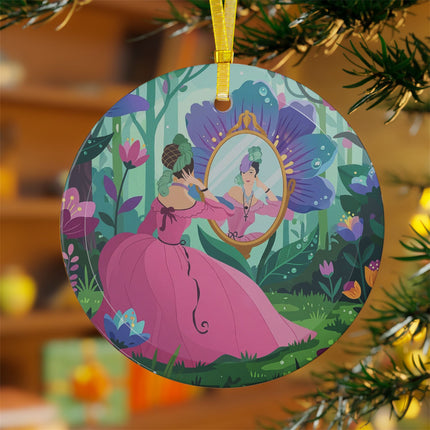 🪞🌸 The Lady Of The Enchanted Mirror Glass Ornament – Art Deco Botanical Elegance