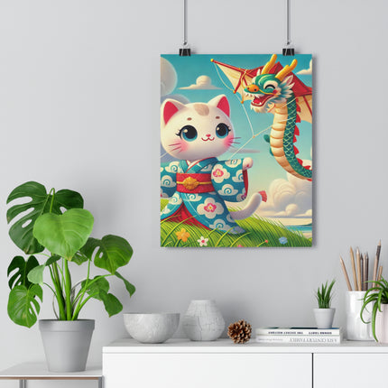 Geisha Kitten and the Dragon Kite Giclée Art Print